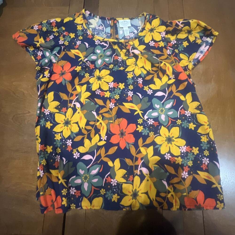 St. John's Bay Floral Blouse Size PL Navy Yellow Cotton Rayon